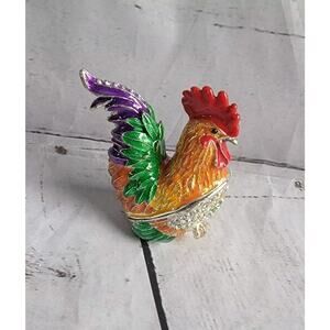 Rooster Enamel Rhinestone Crystal Hinged Trinket Box